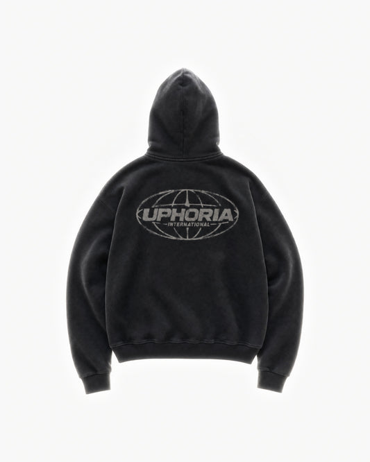 Globe Hoodie in Black – flat lay, back view