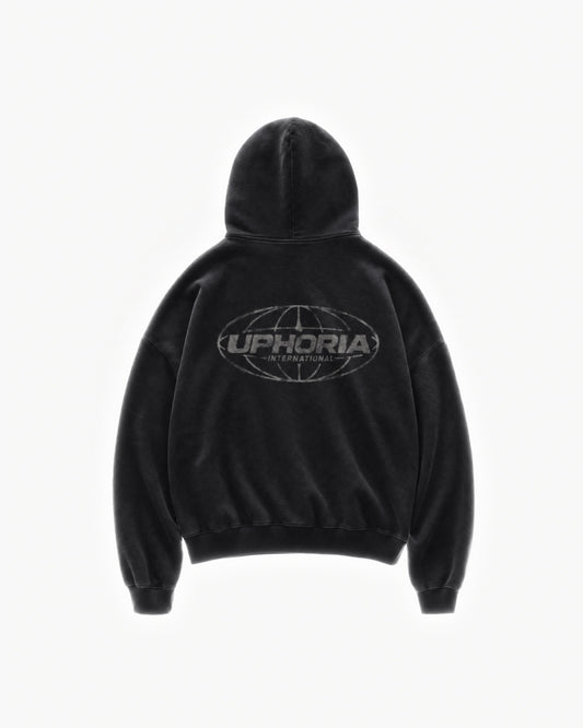 Globe Zip Hoodie in Black – flat lay, back view