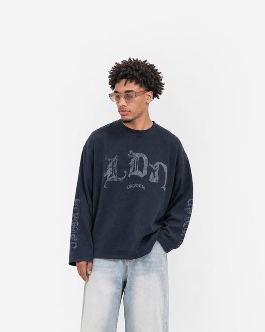 LDN Waffle Long Sleeve in Navy – worn by model, front view