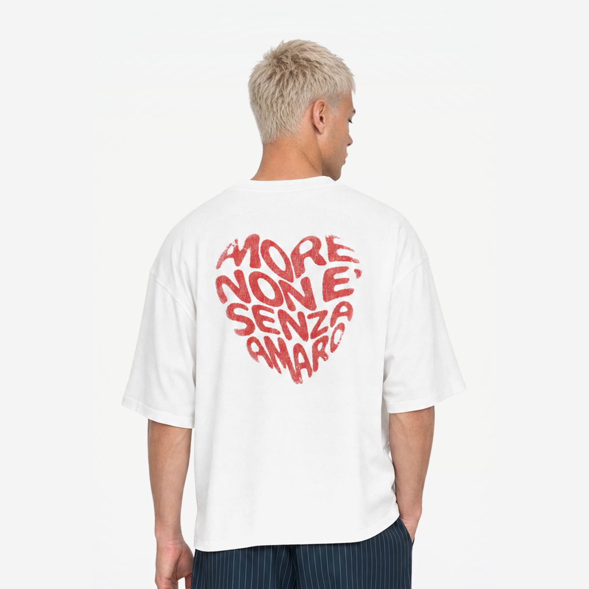 Amore Amore Tee in White Red – worn by model, back view