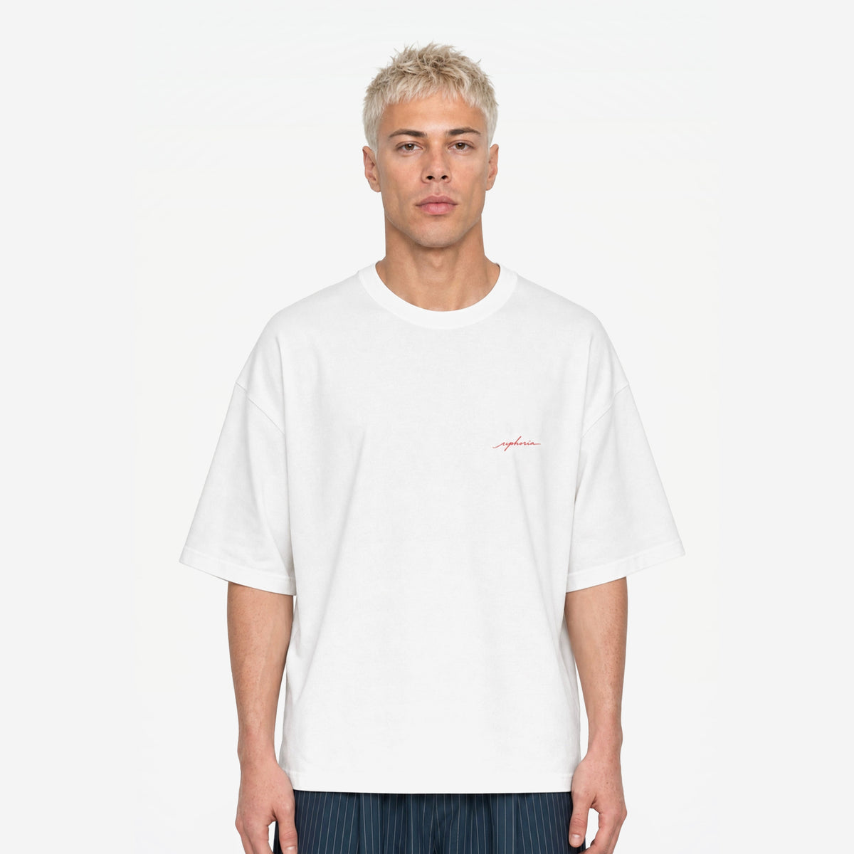 Amore Amore Tee in White Red – worn by model, front view