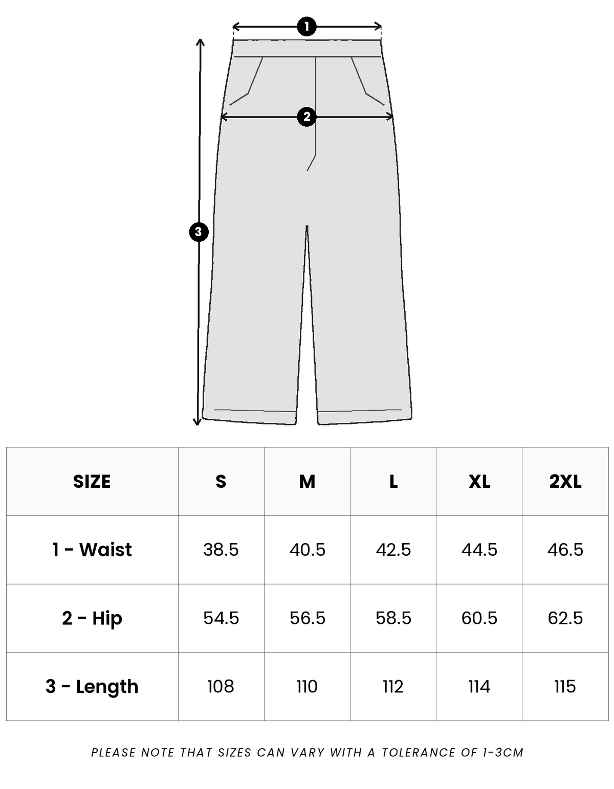 Size guide in centimetres for Ash Straight Denim