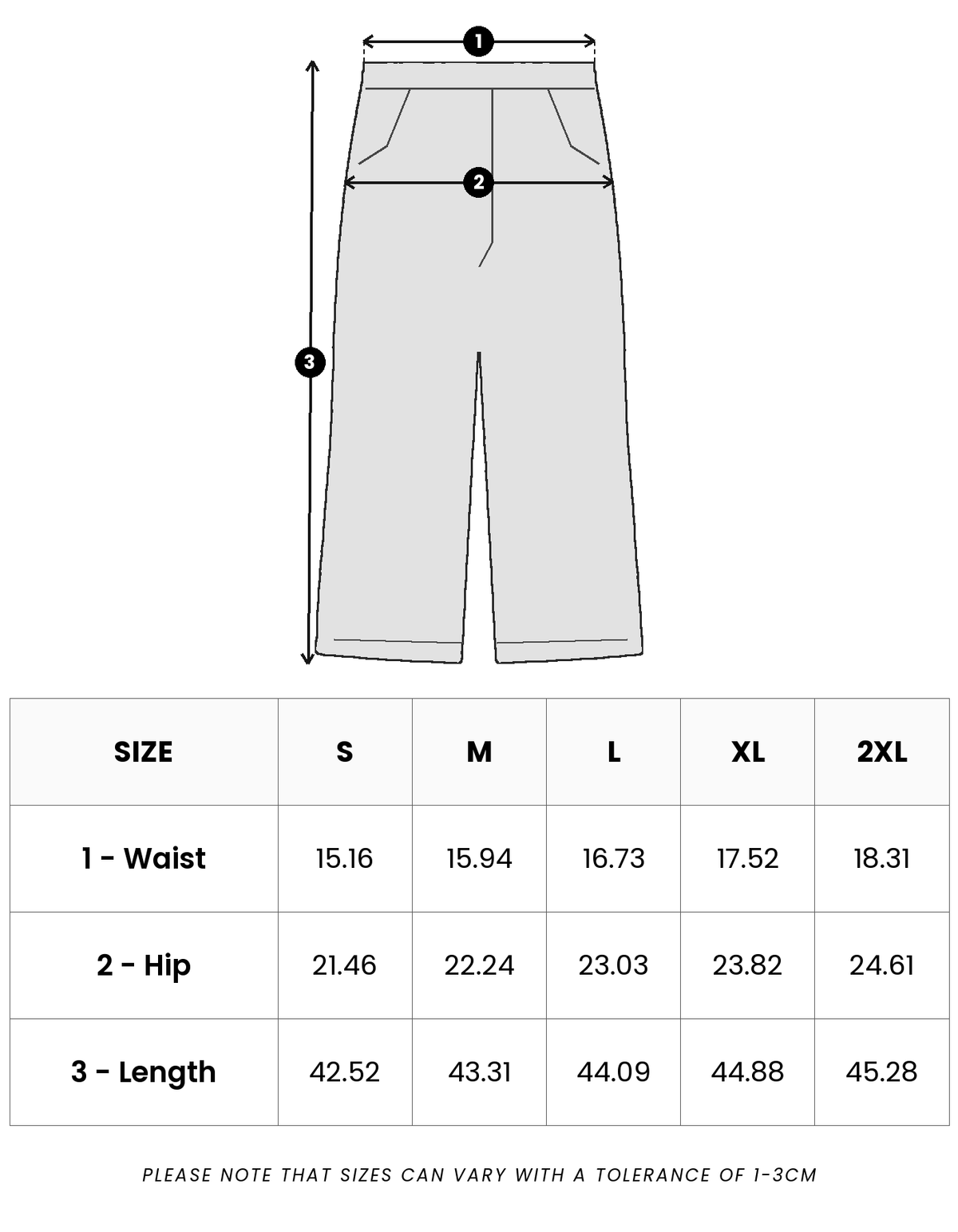 Size guide in inches for Ash Straight Denim