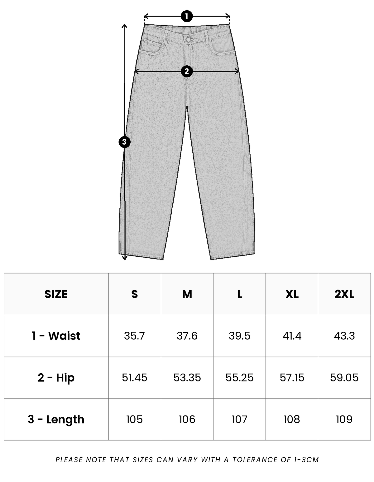 Size guide in centimetres for Marlow Tapered Denim