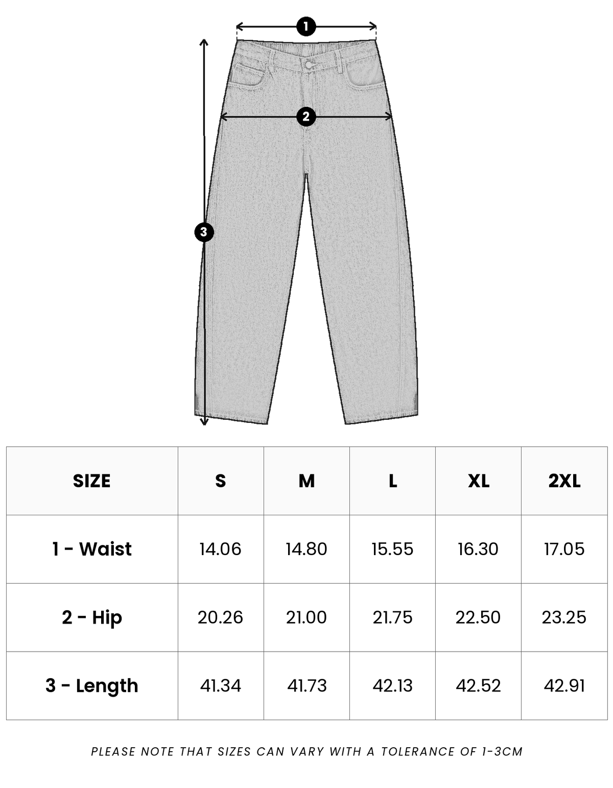Size guide in inches for Marlow Tapered Denim