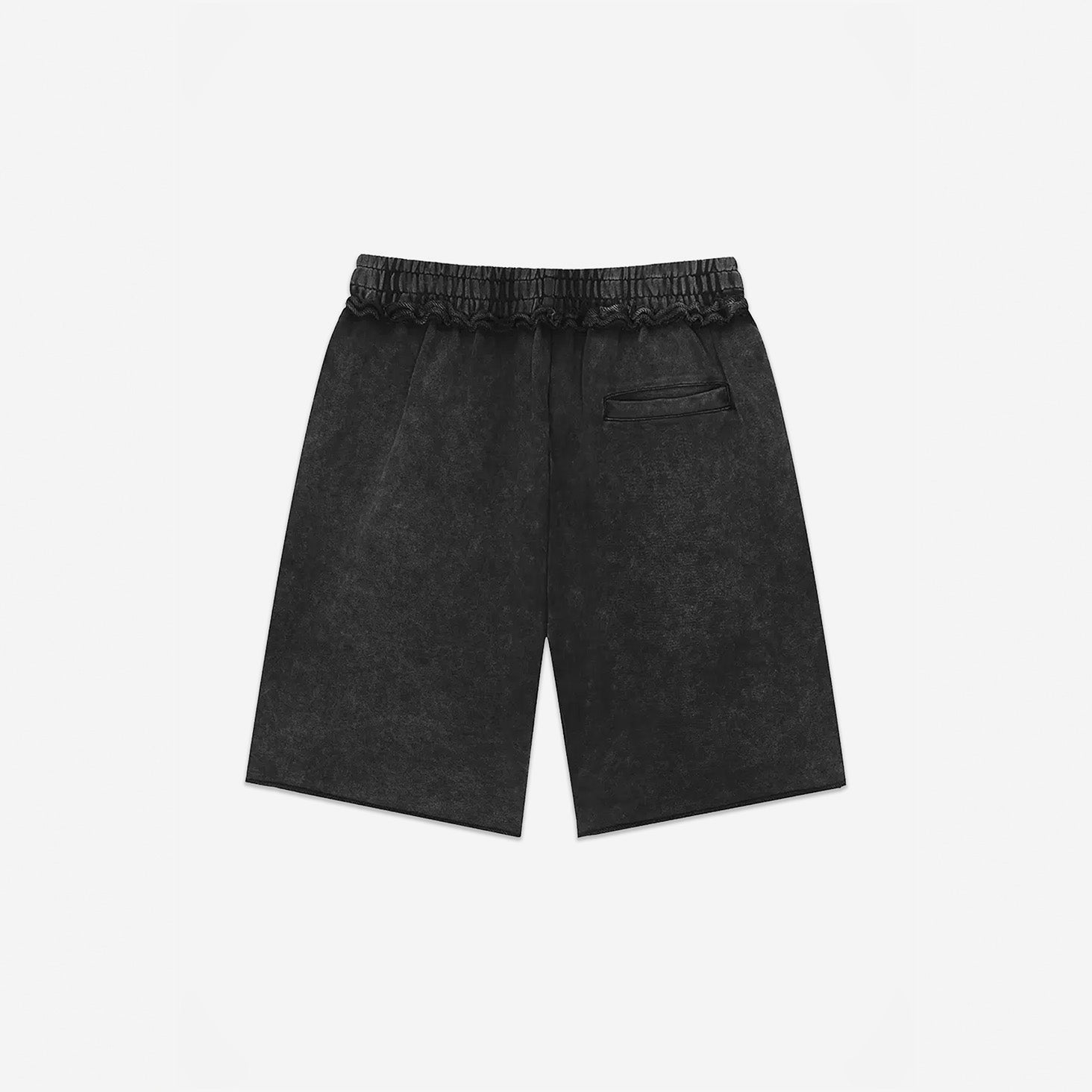 Raw Edge Emblem Shorts in Charcoal Black – flat lay, back view