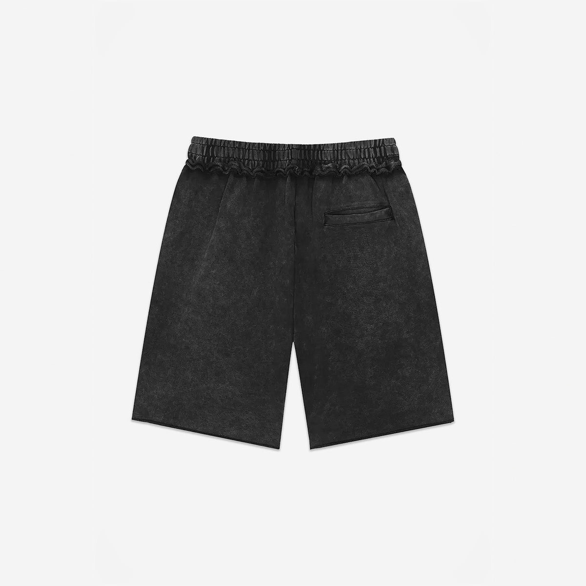 Raw Edge Emblem Shorts in Charcoal Black – flat lay, back view