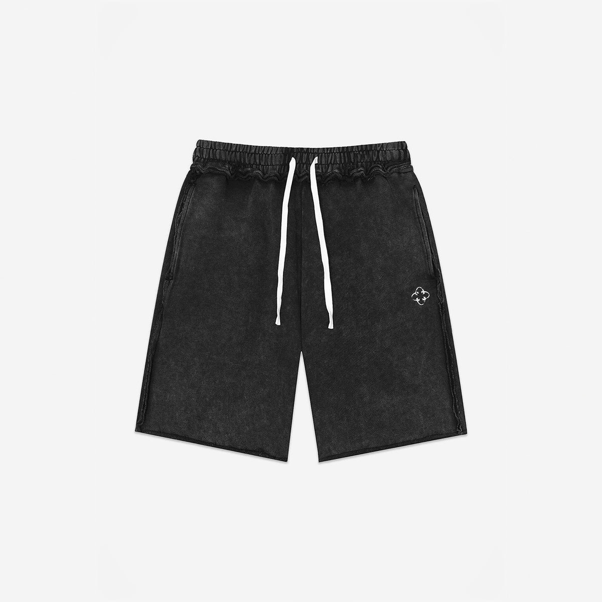 Raw Edge Emblem Shorts in Charcoal Black – flat lay, front view