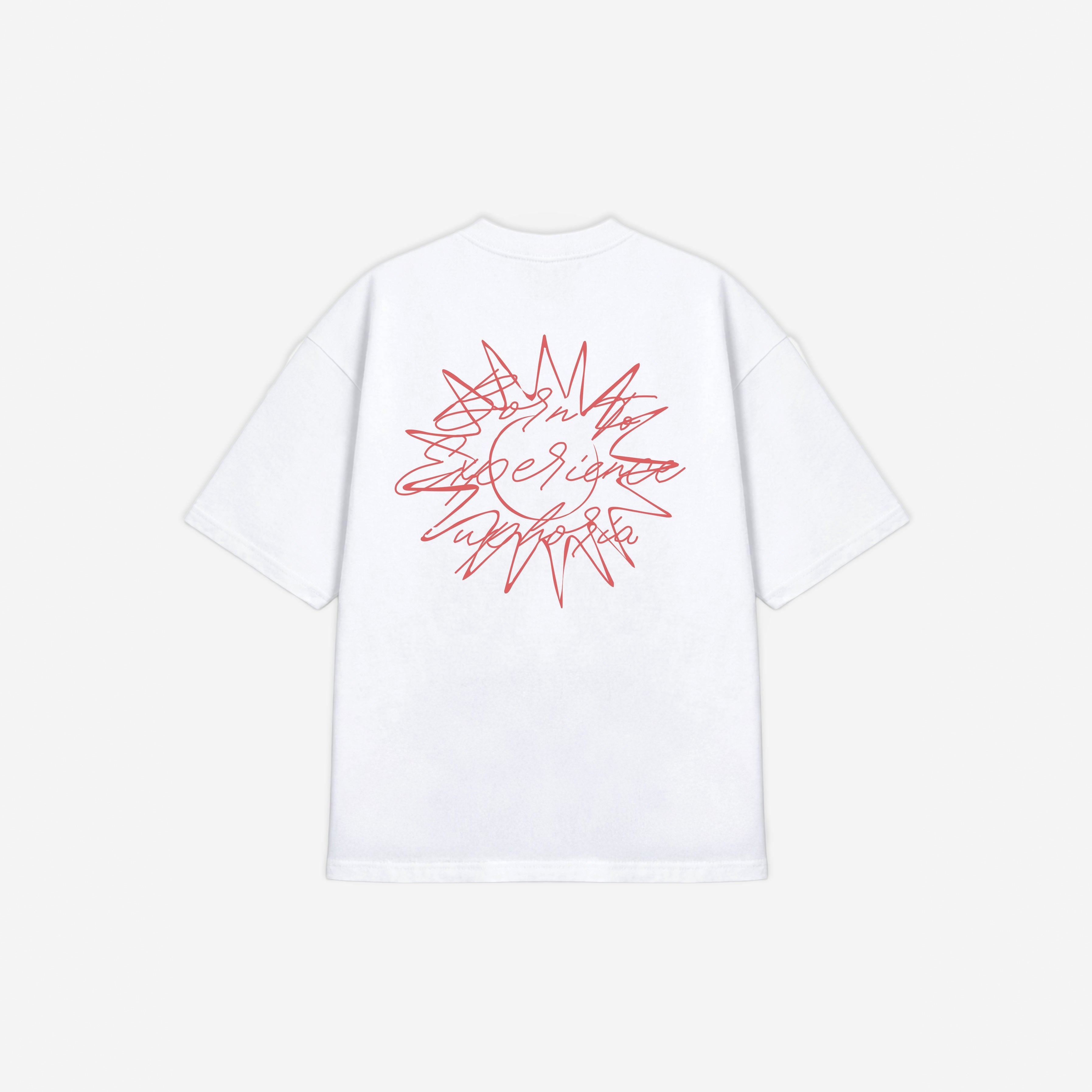 Born To Experience Tee in White – flat lay, back view
