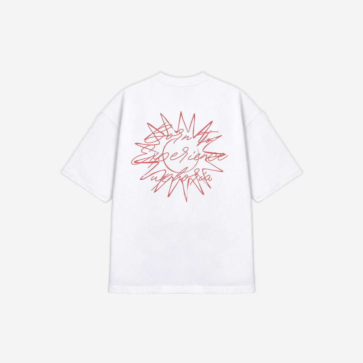 Born To Experience Tee in White – flat lay, back view
