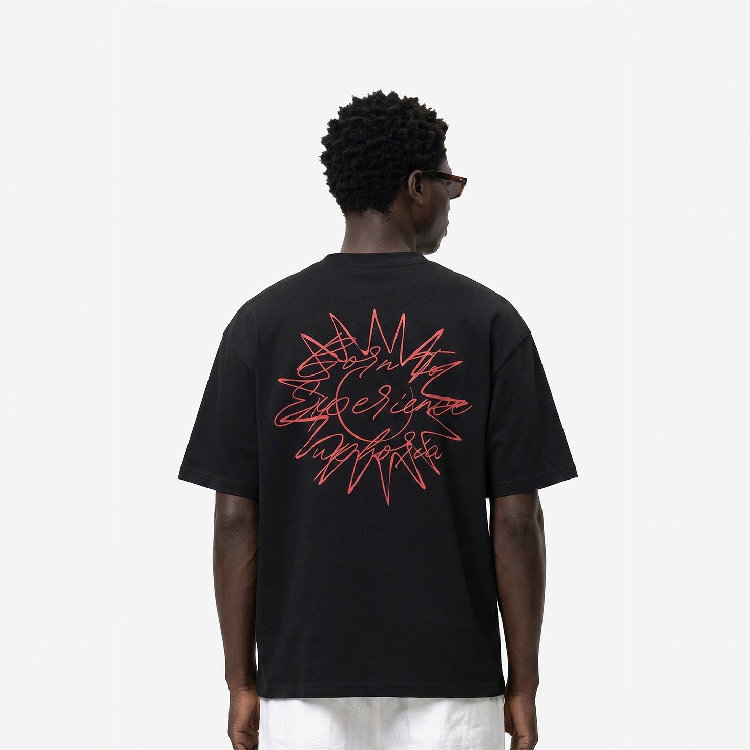 Born To Experience Tee in Black – worn by model, back view