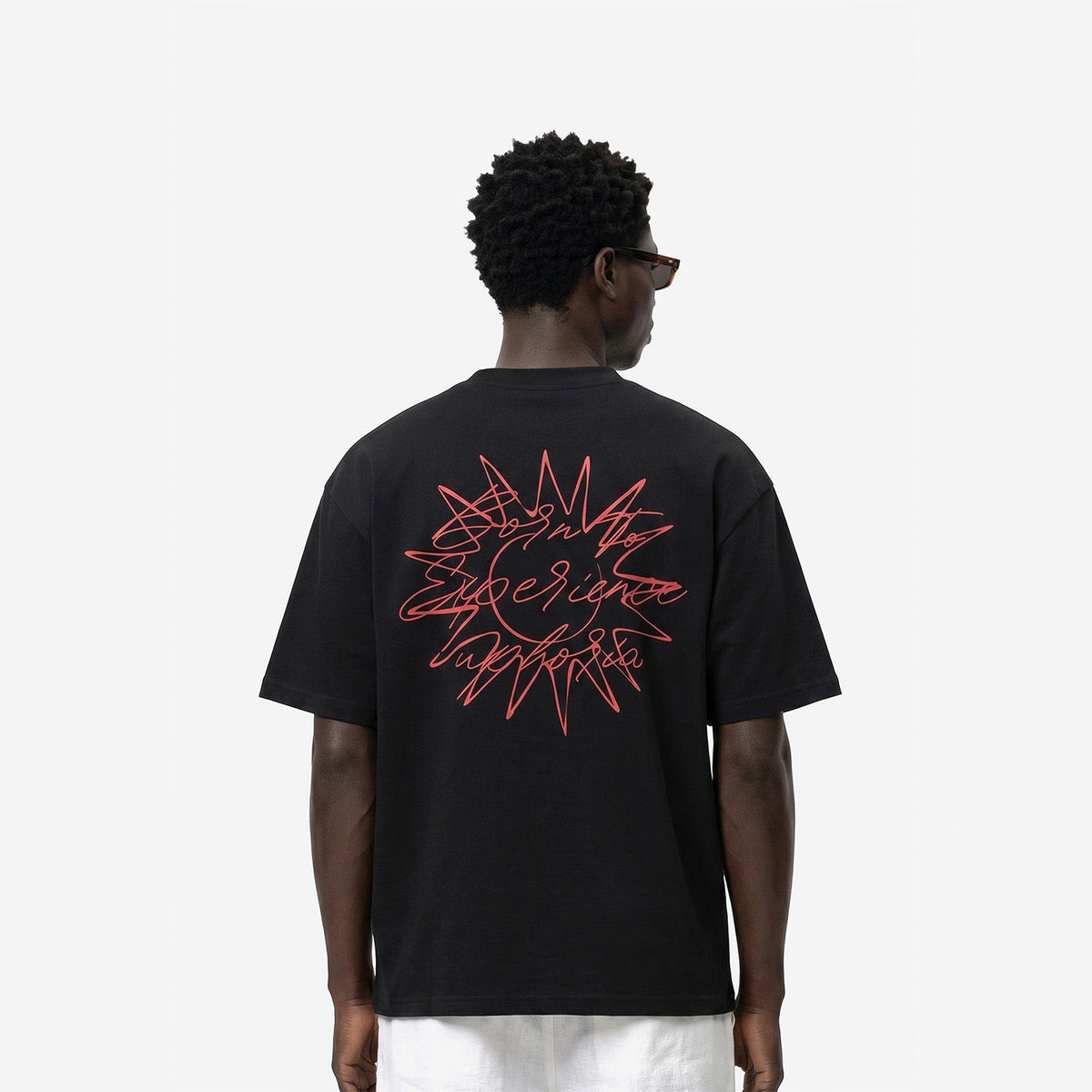 Born To Experience Tee in Black – worn by model, back view
