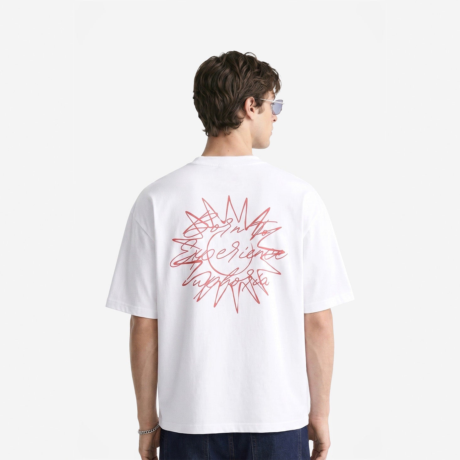 Born To Experience Tee in White – worn by model, back view