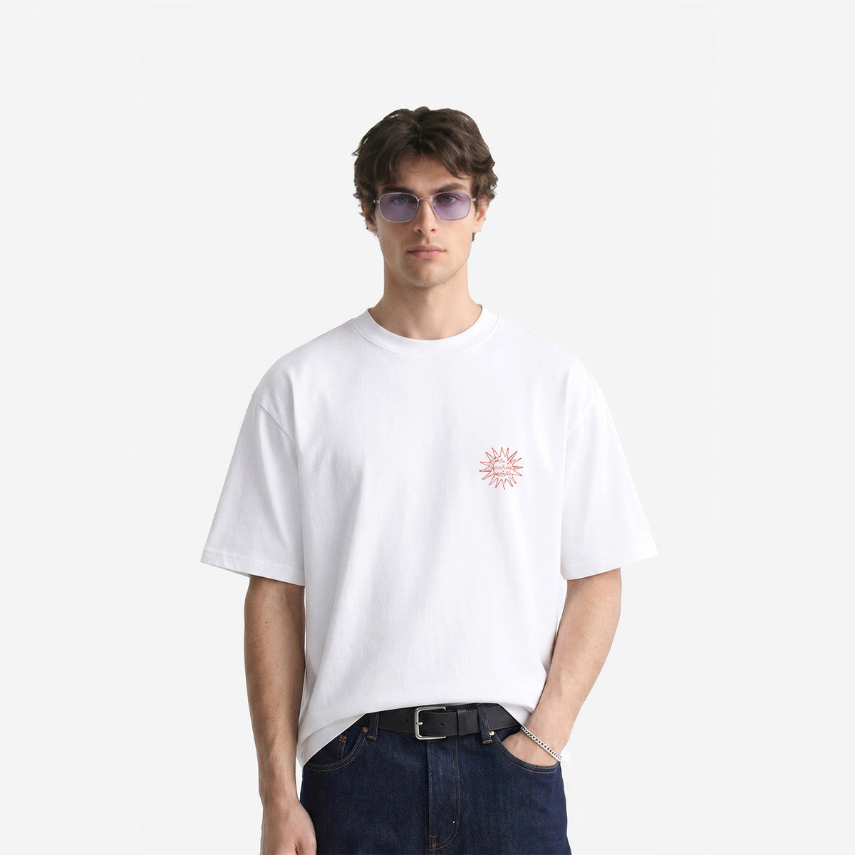 Born To Experience Tee in White – worn by model, front view
