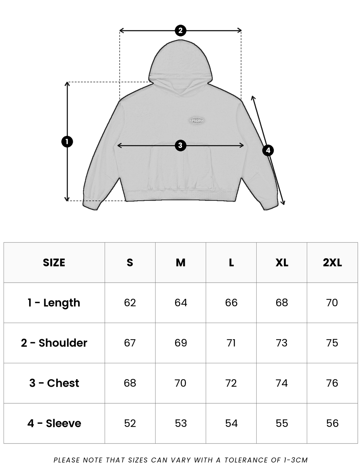 Size guide in centimetres for Globe Hoodie