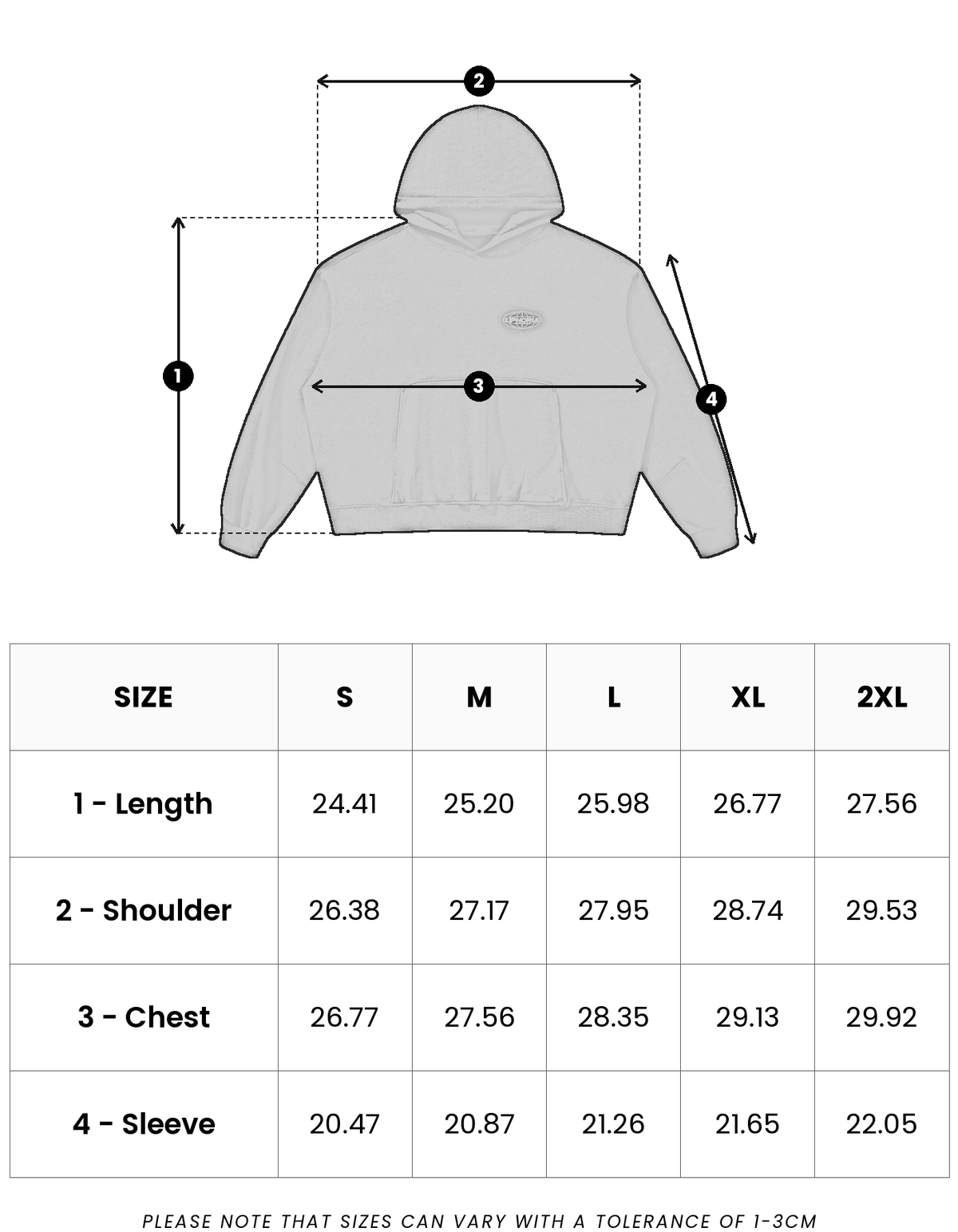 Size guide in inches for Globe Hoodie