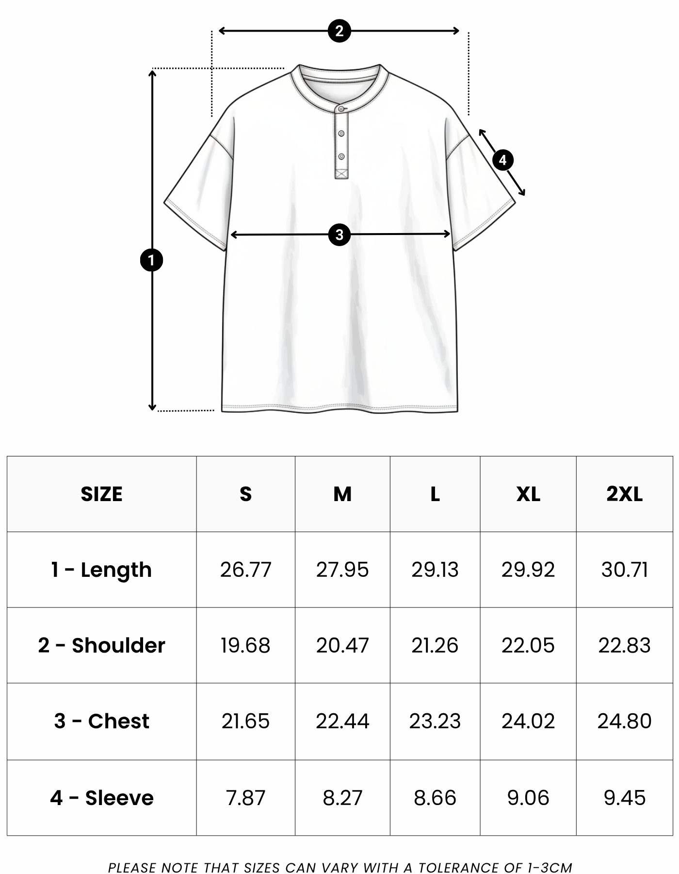 Size guide in inches for Como Henley Tee