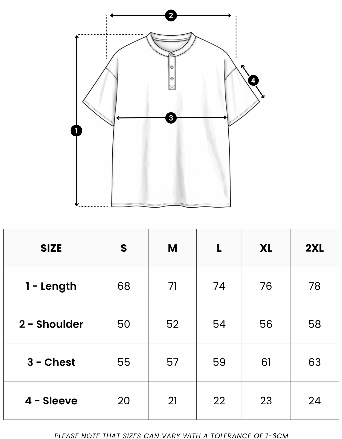 Size guide in centimetres for Como Henley Tee