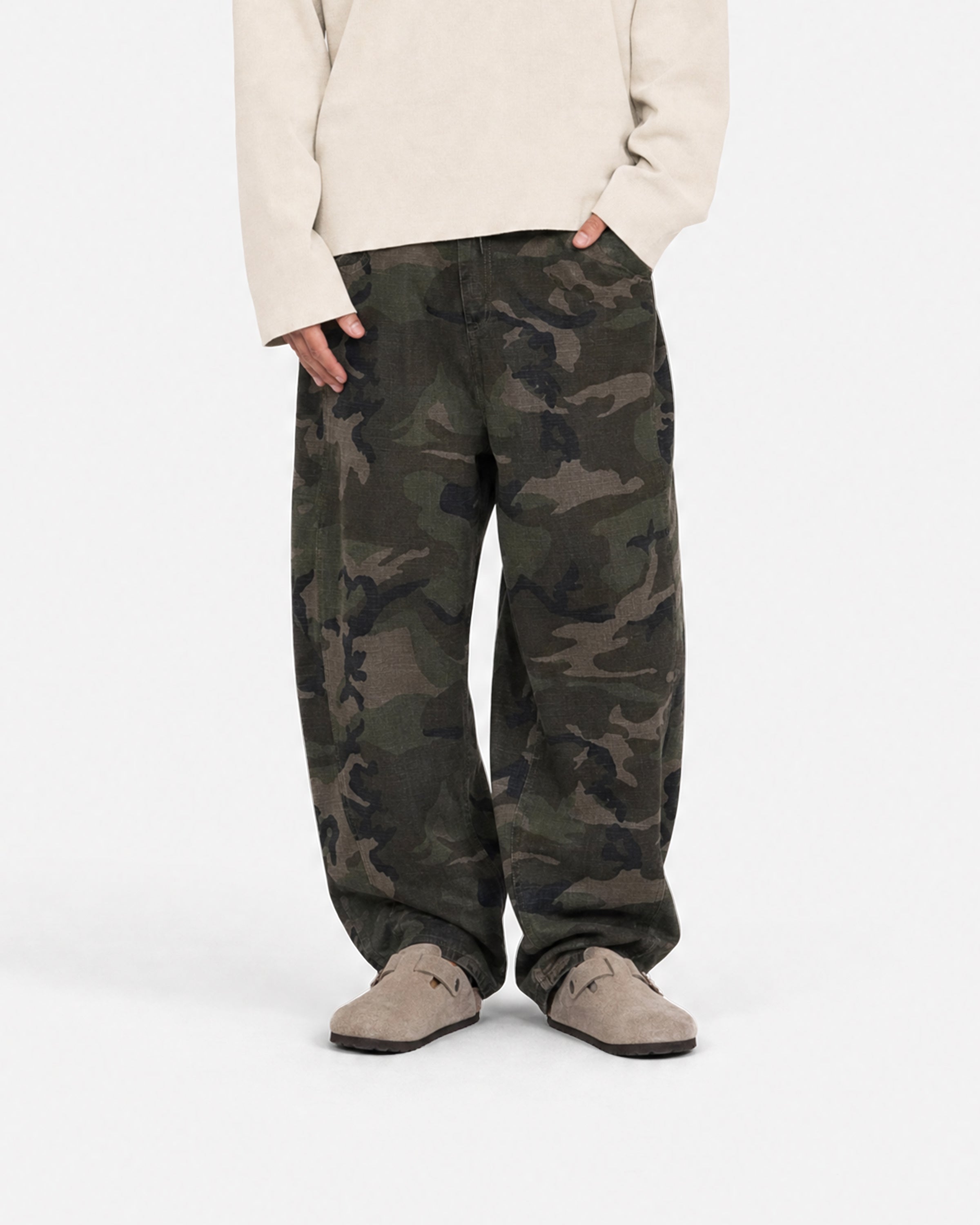 Cortina Light Camo Pants in Camo – worn by model, front view