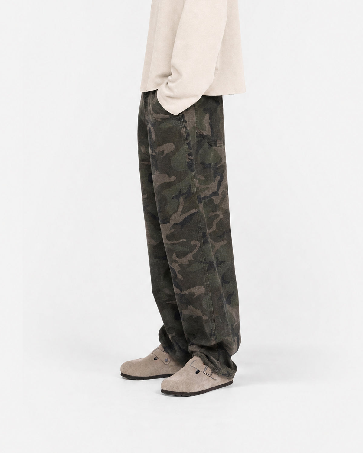 Cortina Light Camo Pants in Camo – worn by model, side view