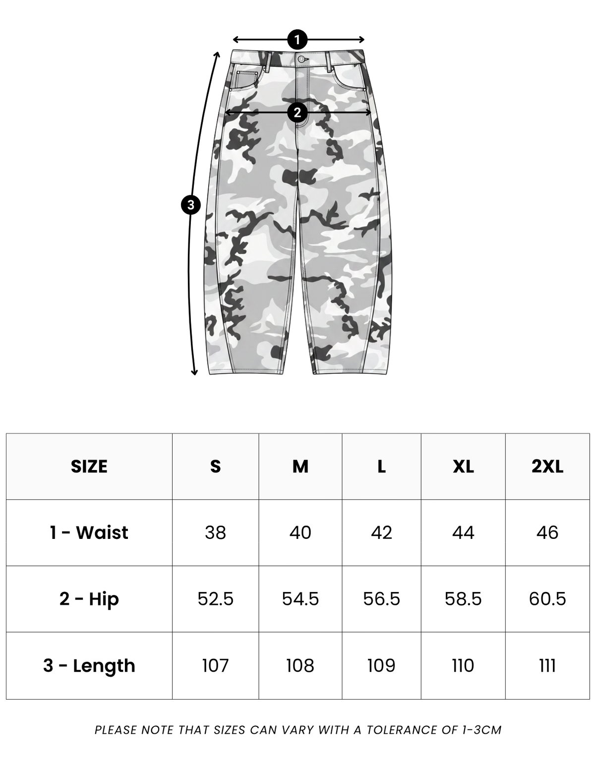 Size guide in centimetres for Cortina Light Camo Pants