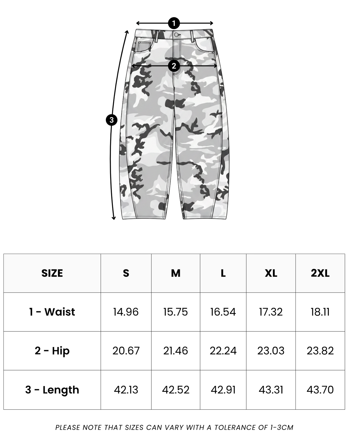Size guide in inches for Cortina Light Camo Pants