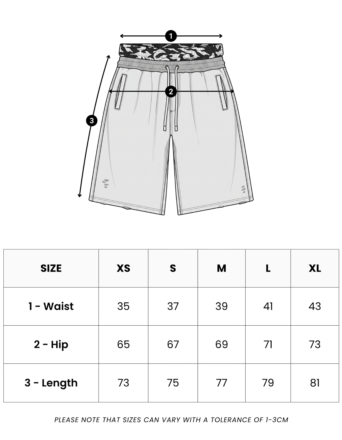 Size guide in centimetres for Bosco Camo Shorts