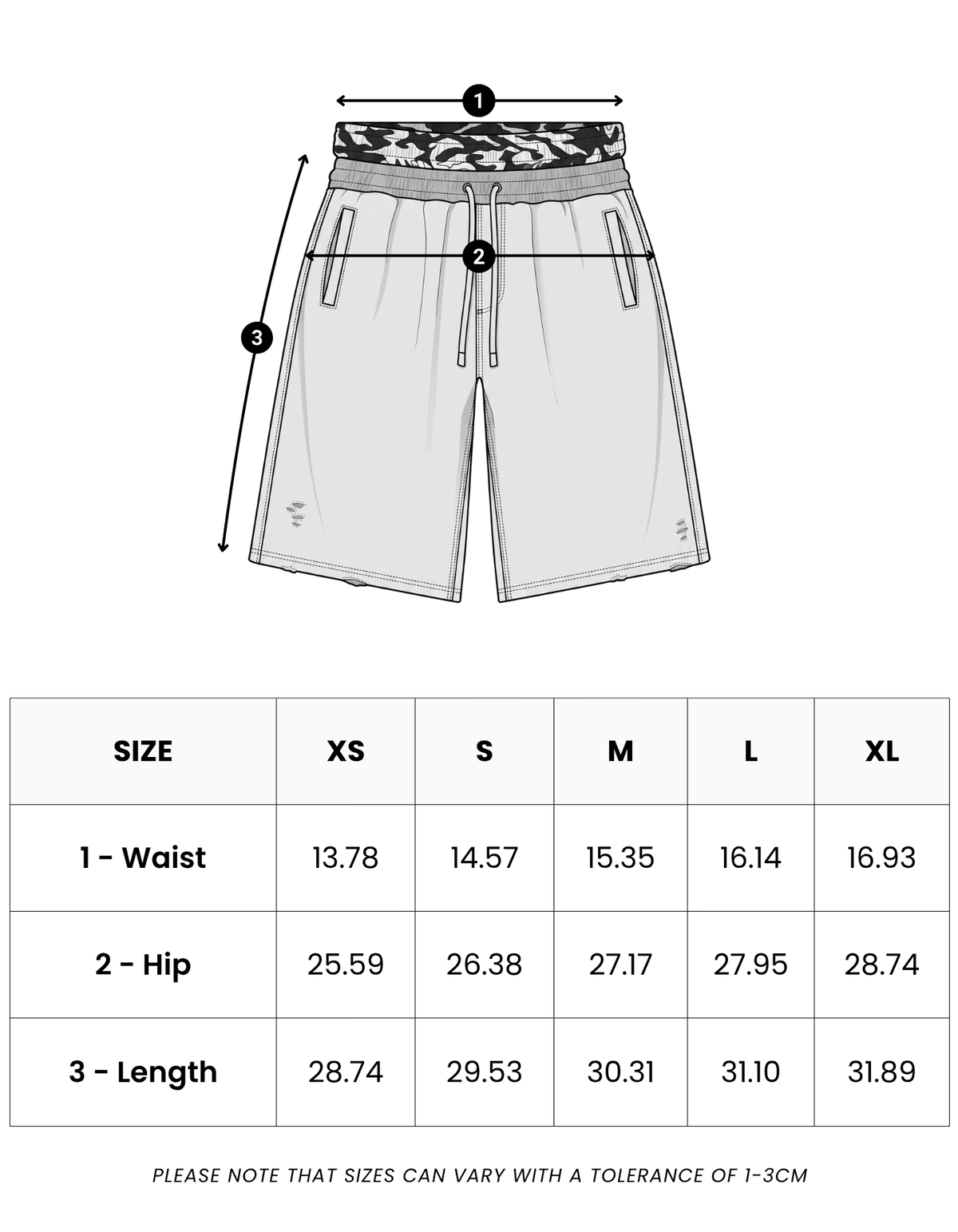 Size guide in inches for Bosco Camo Shorts