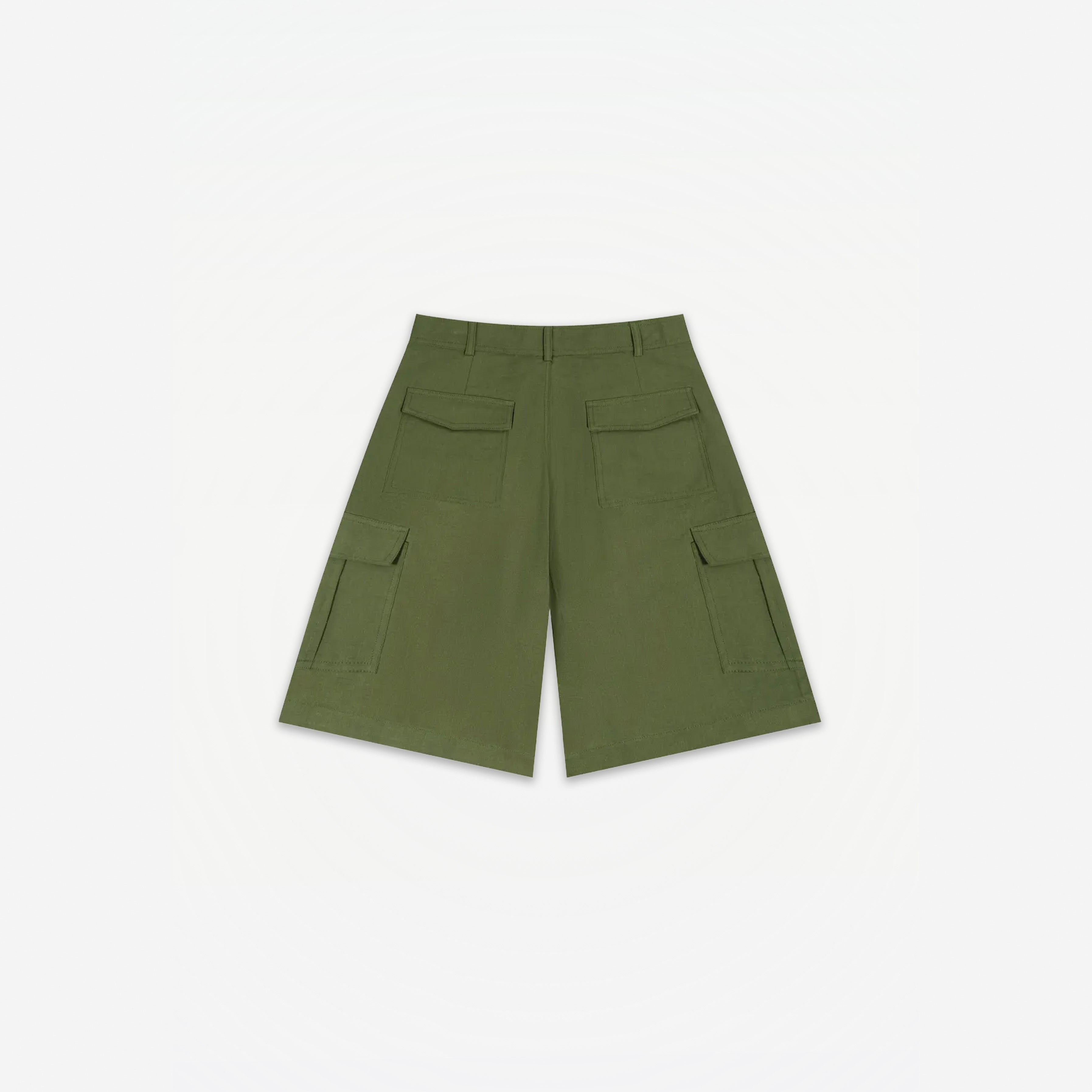 Signature Summer Cargo Shorts in Matcha – flat lay, back view