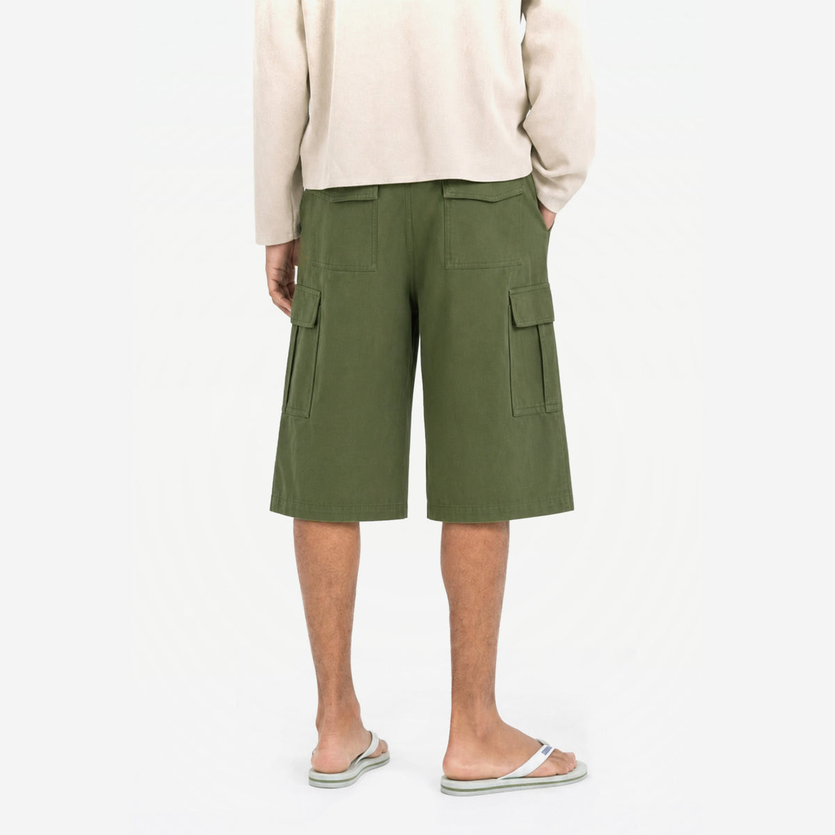 Signature Summer Cargo Shorts in Matcha – worn by model, back view