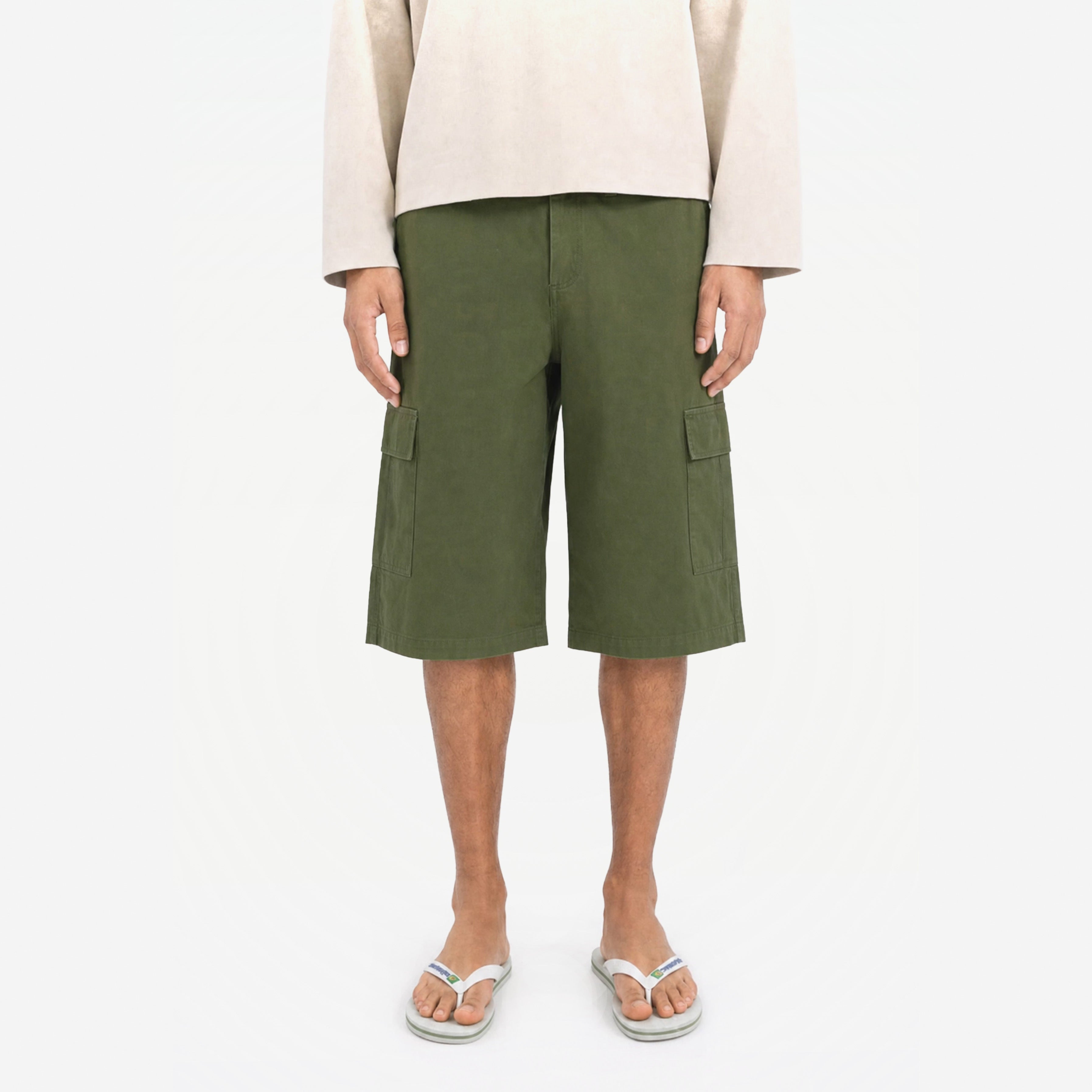 Signature Summer Cargo Shorts in Matcha – worn by model, front view
