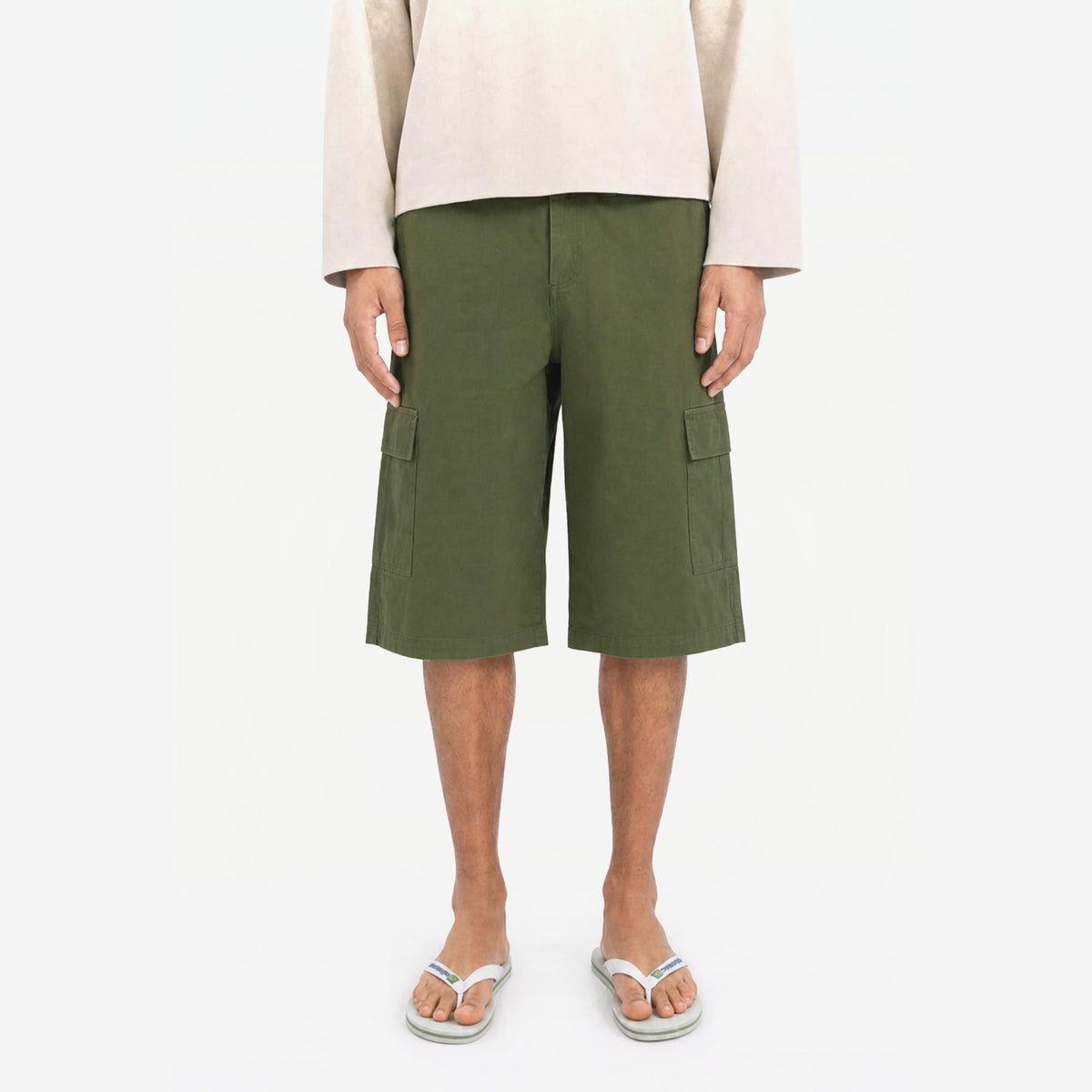 Signature Summer Cargo Shorts in Matcha – worn by model, front view