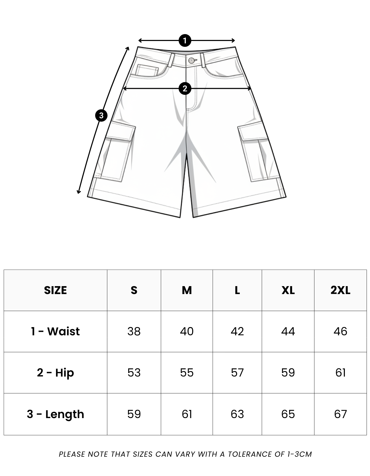 Size guide in centimetres for Signature Summer Cargo Shorts