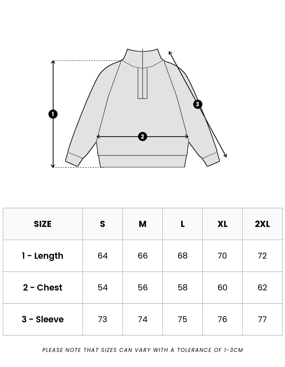 Size guide in centimetres for Chalet Quarter Zip Knit