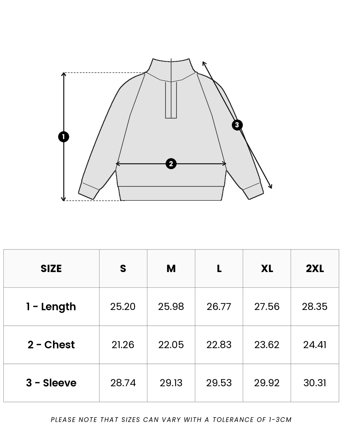 Size guide in inches for Chalet Quarter Zip Knit