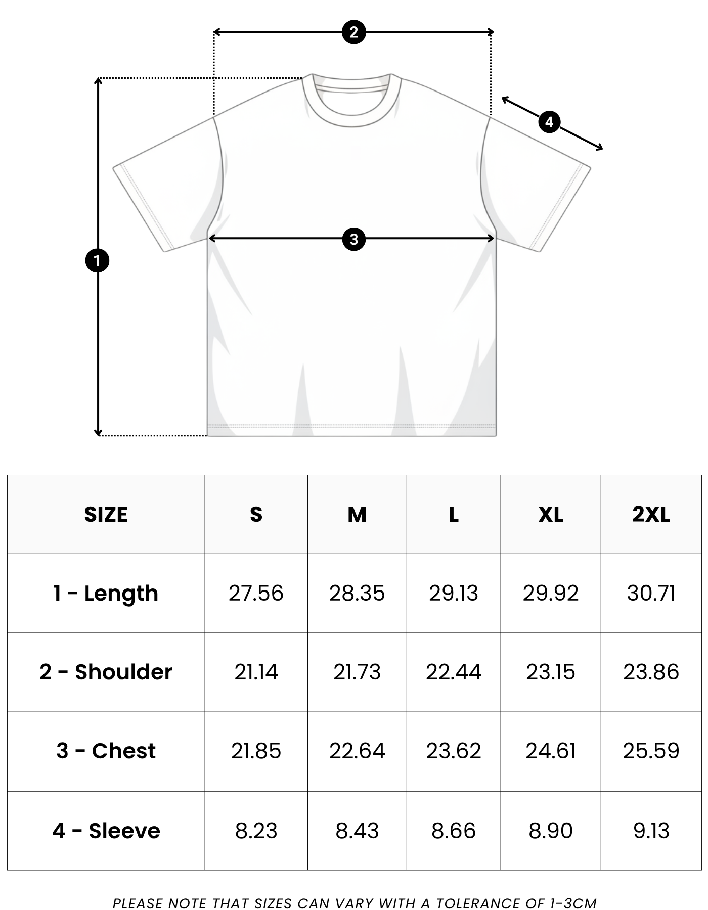 Size guide in inches for Summer Resort Tee