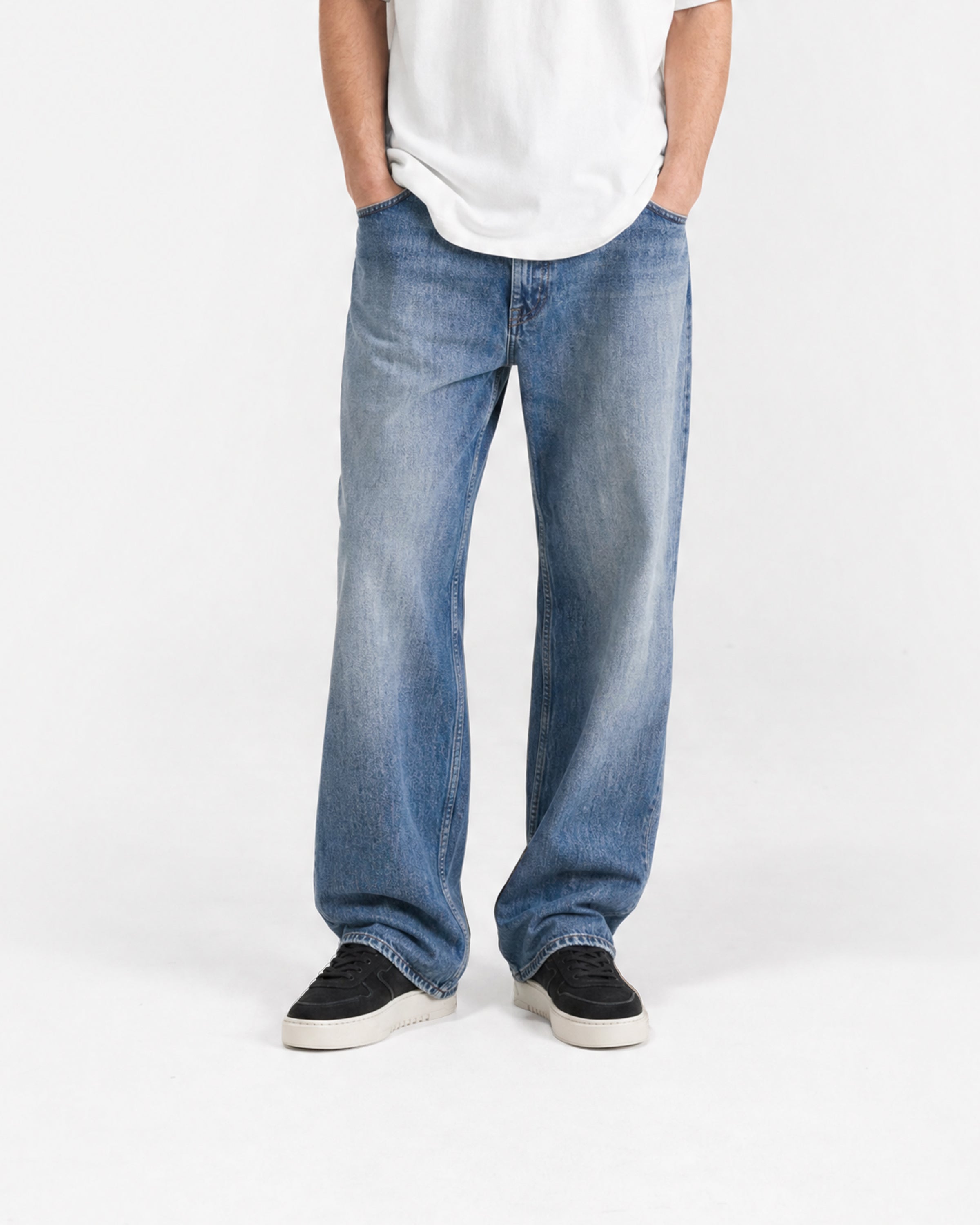 Archive Wide Leg Denim in Sunfade Blue – worn by model, front view