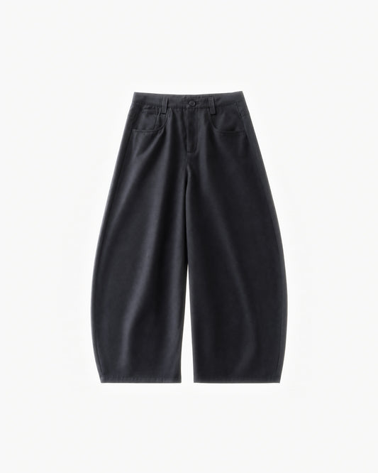 Mayfair Barrel Pant in Black – flat lay, front view