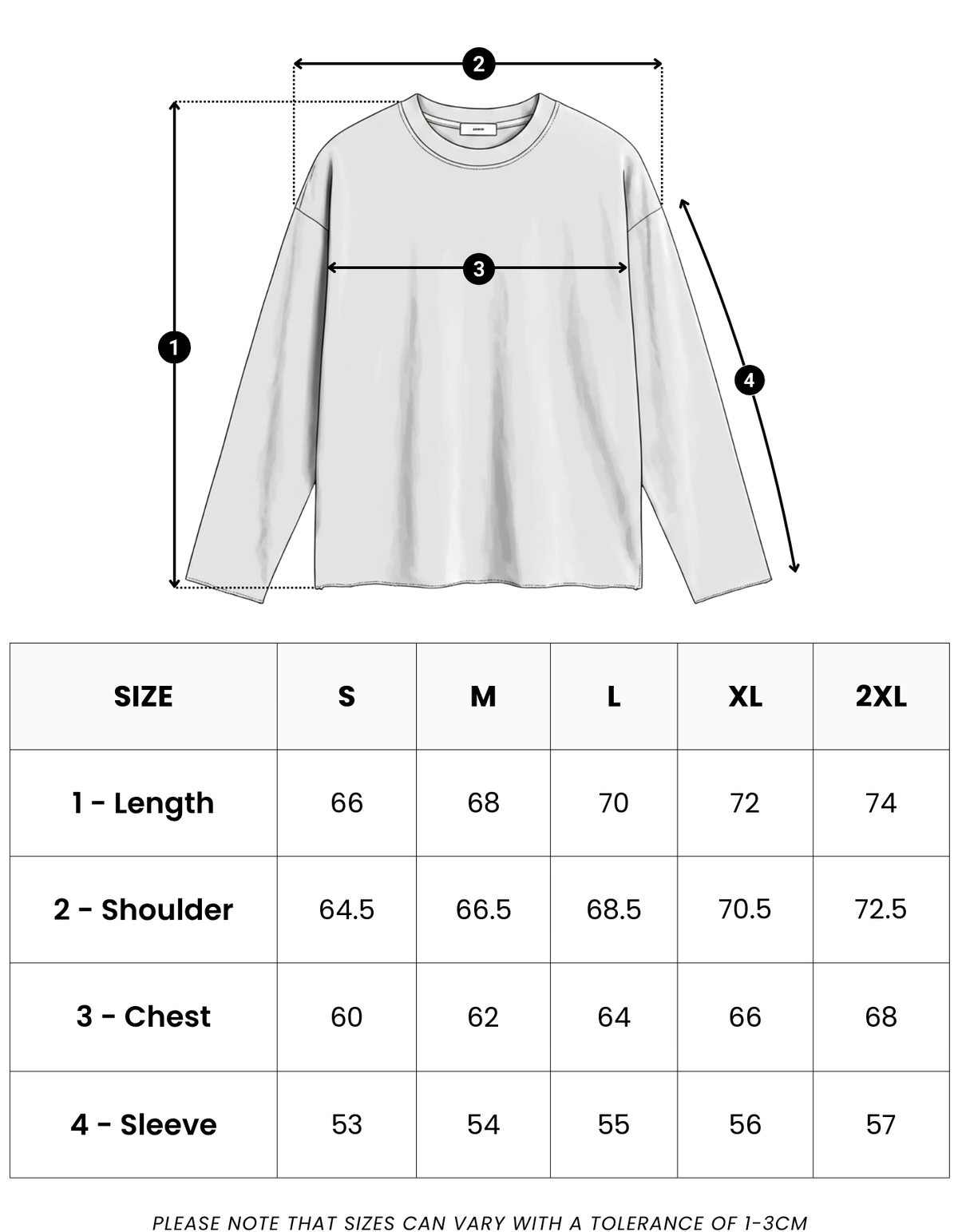 Size guide in centimetres for LDN Waffle Long Sleeve
