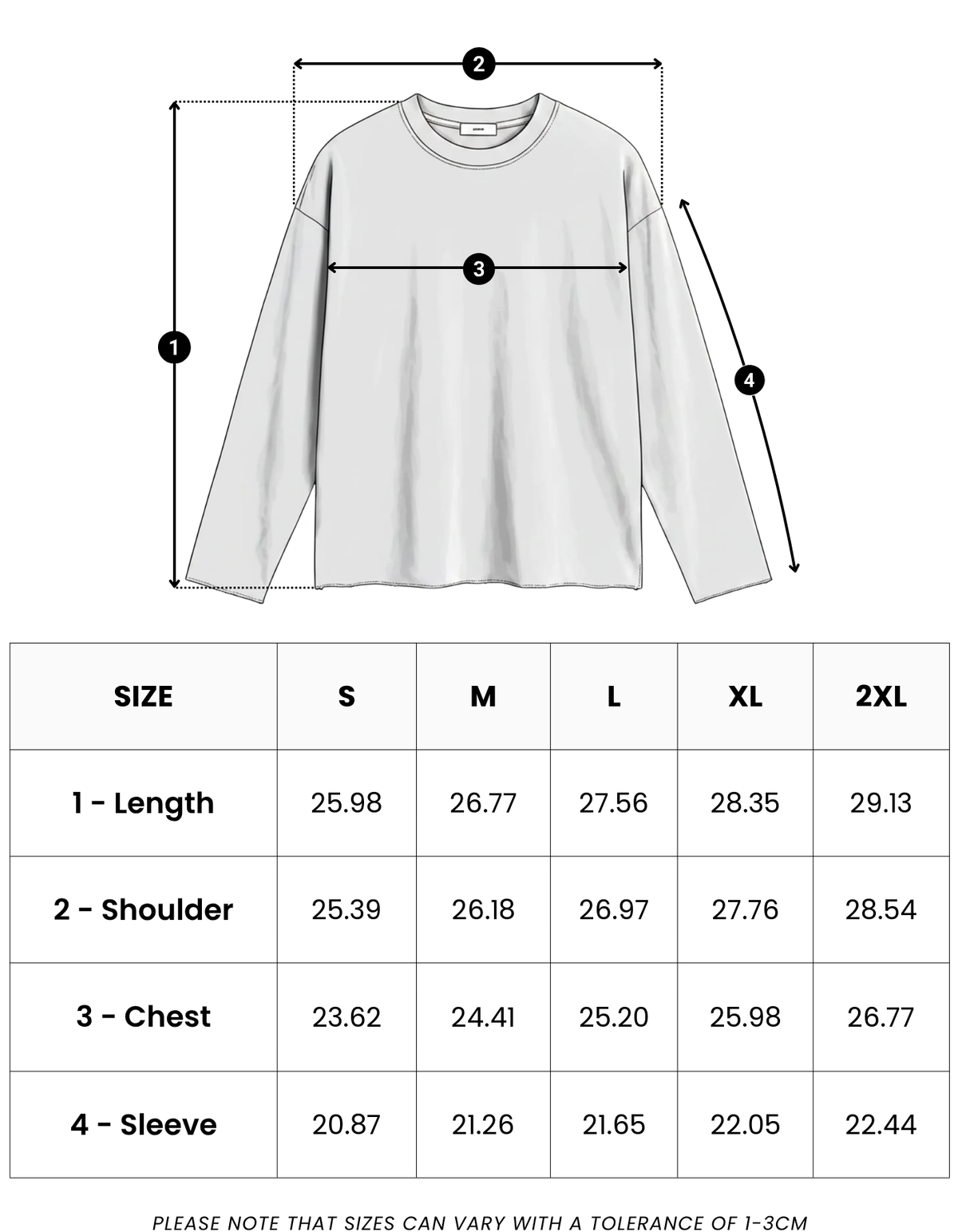 Size guide in inches for LDN Waffle Long Sleeve