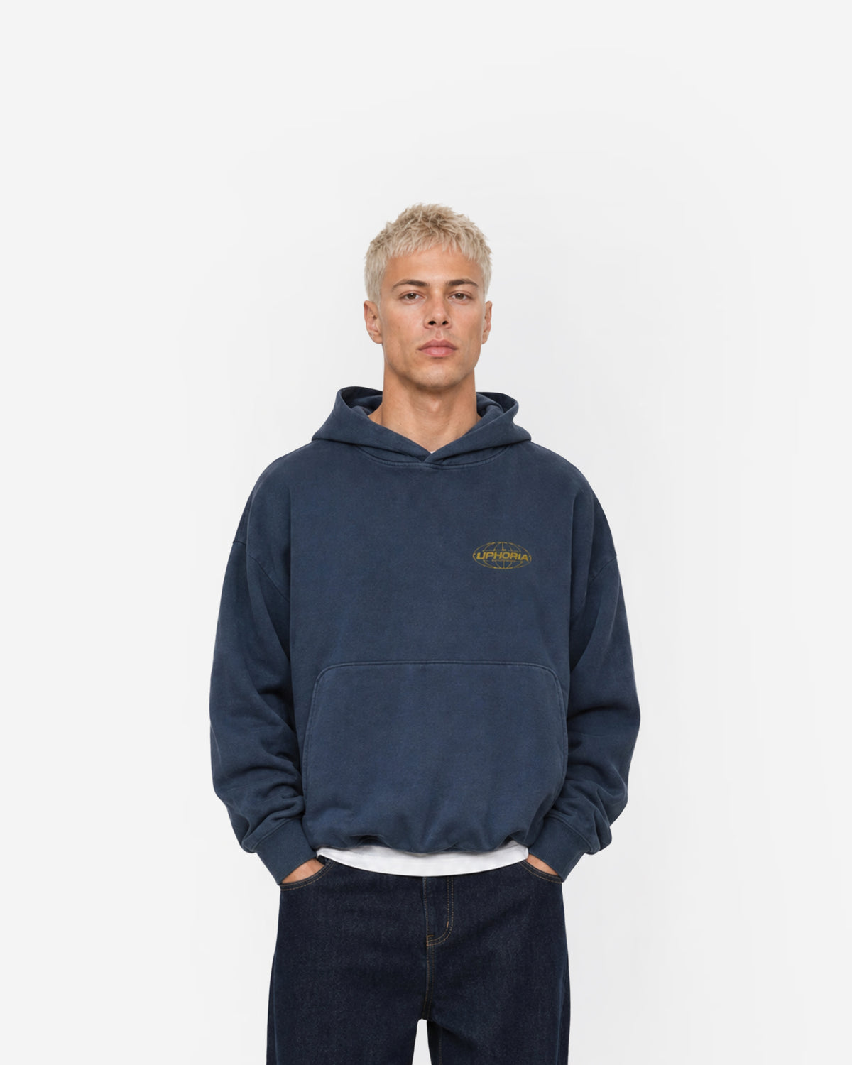 Globe Hoodie in Navy – worn by model, front view