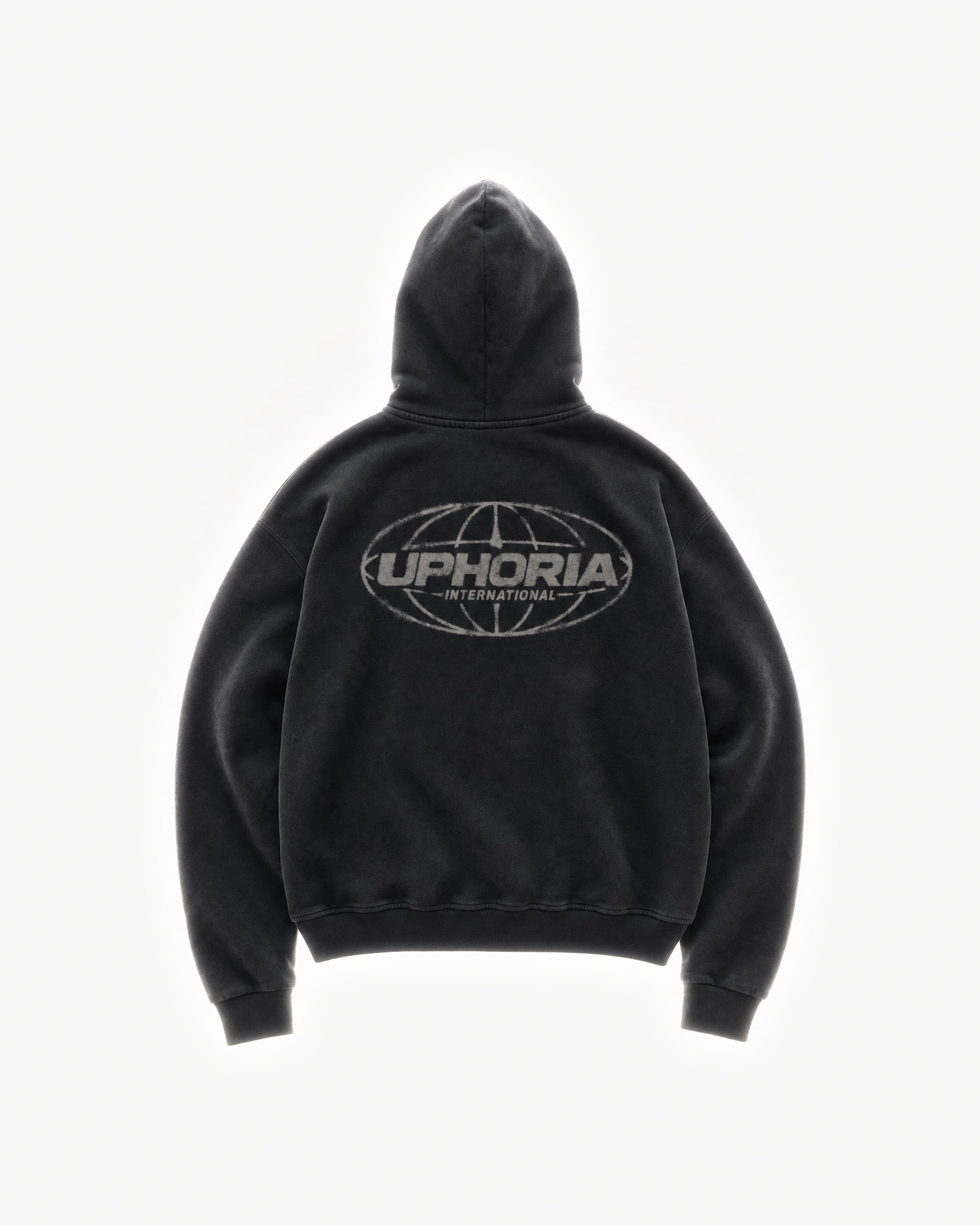 Globe Hoodie in Black – flat lay, back view