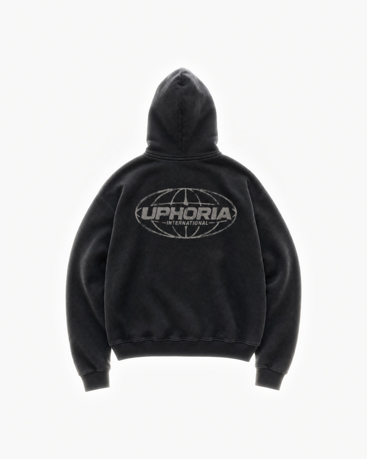 Globe Hoodie in Black – flat lay, back view