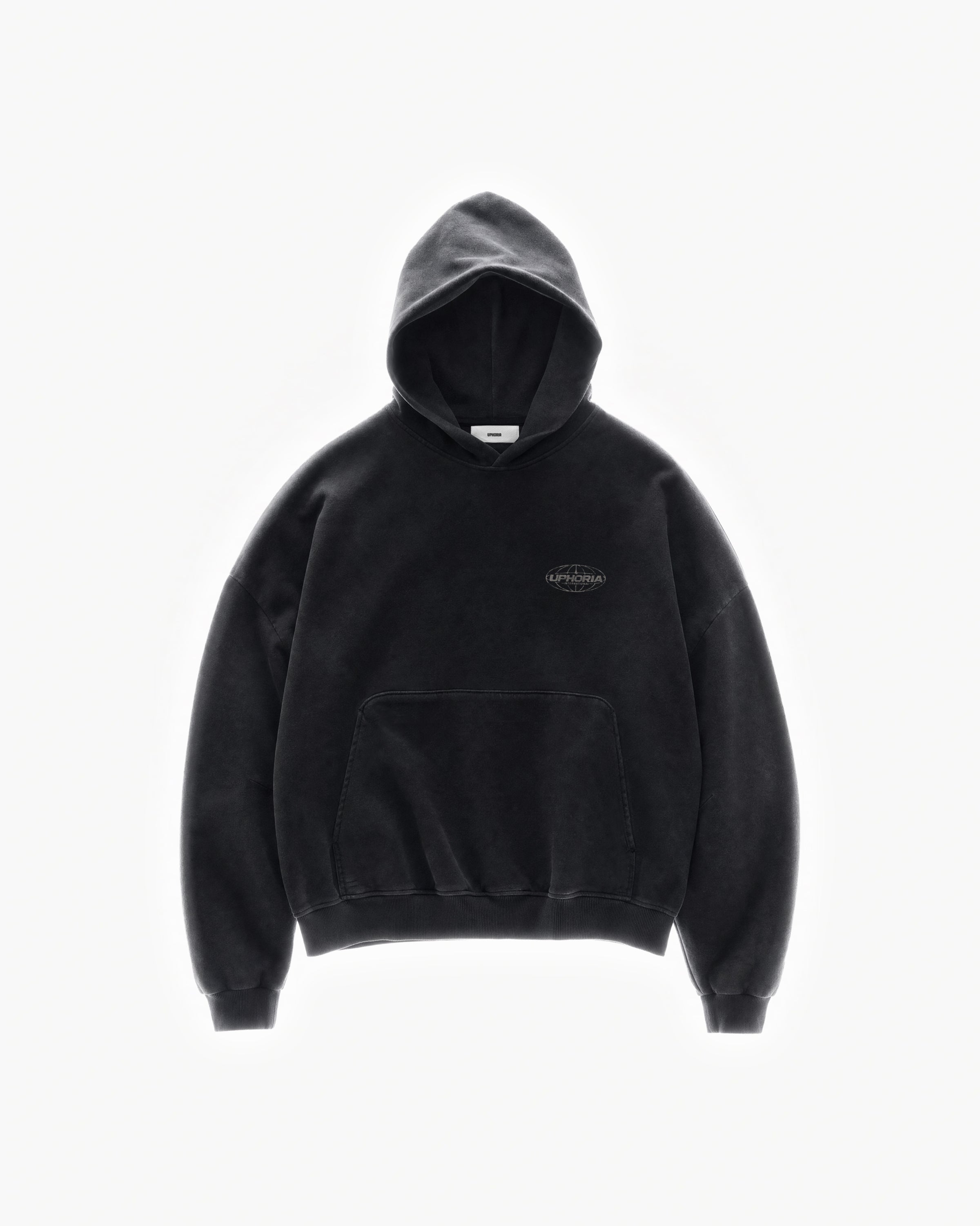 Globe Hoodie in Black – flat lay, front view