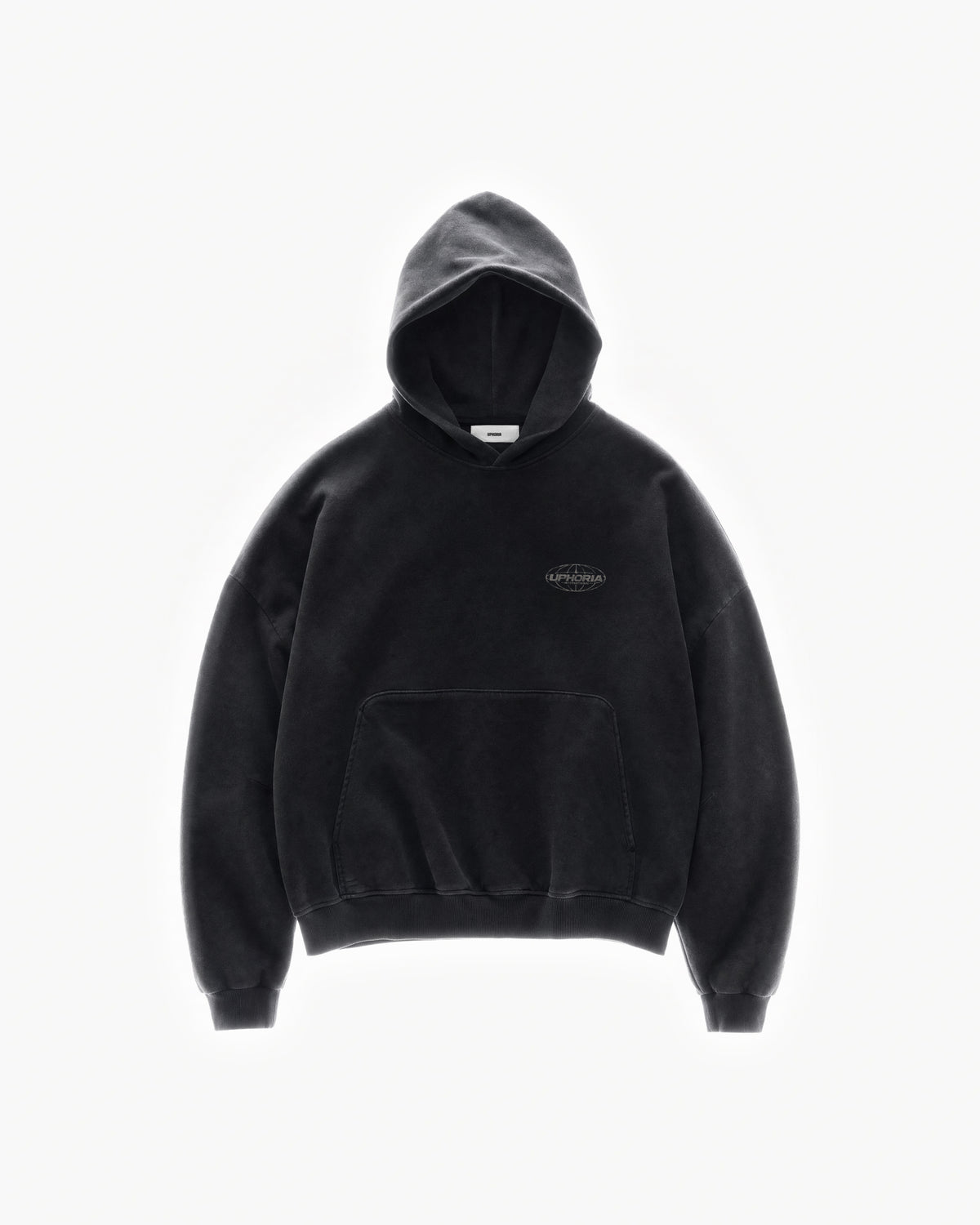 Globe Hoodie in Black – flat lay, front view