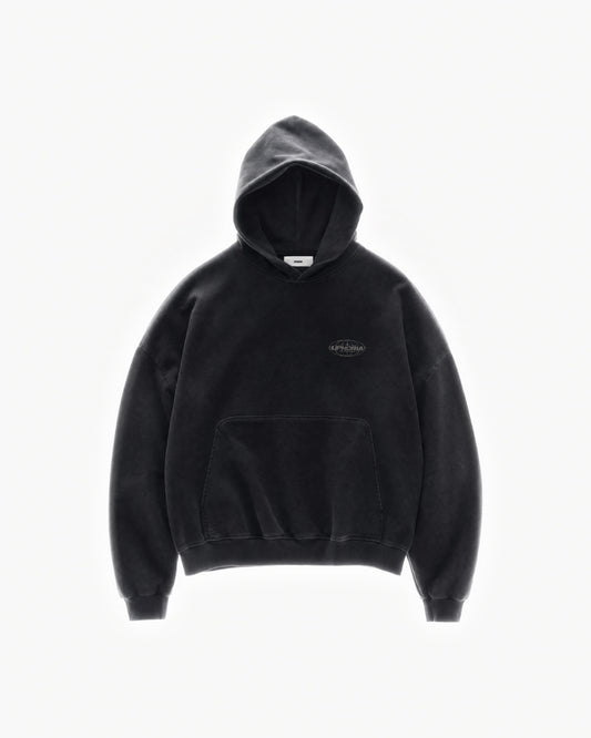 Globe Hoodie in Black – flat lay, front view