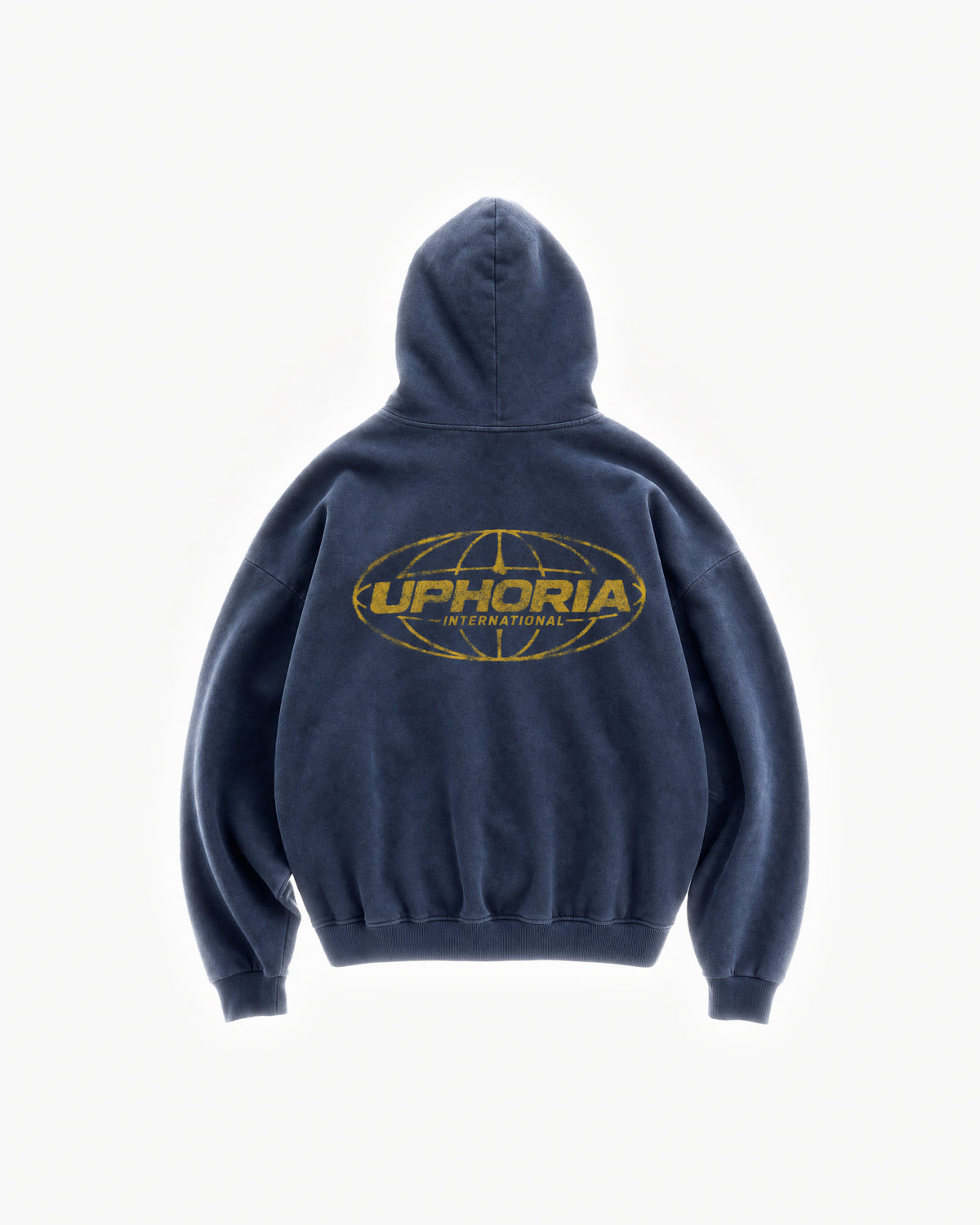 Globe Hoodie in Navy – flat lay, back view