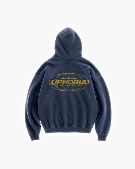 Globe Hoodie in Navy – flat lay, back view