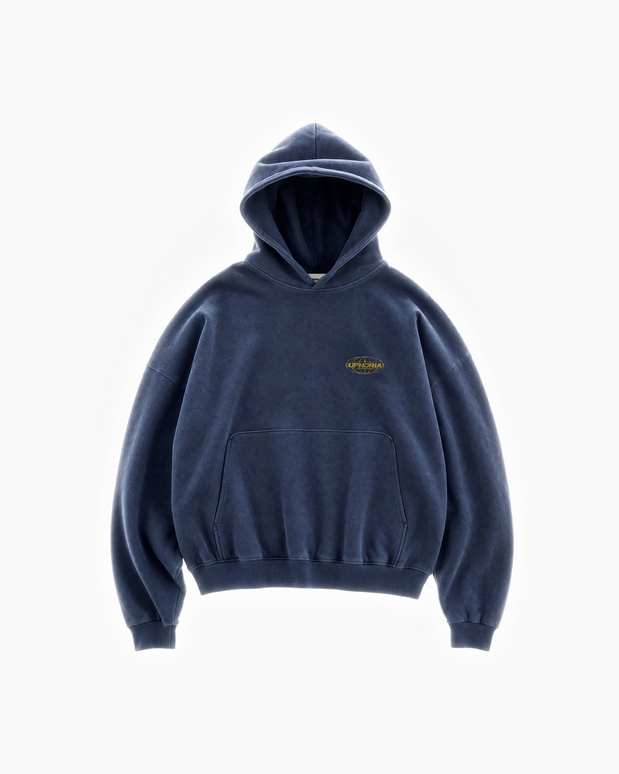 Globe Hoodie in Navy – flat lay, front view
