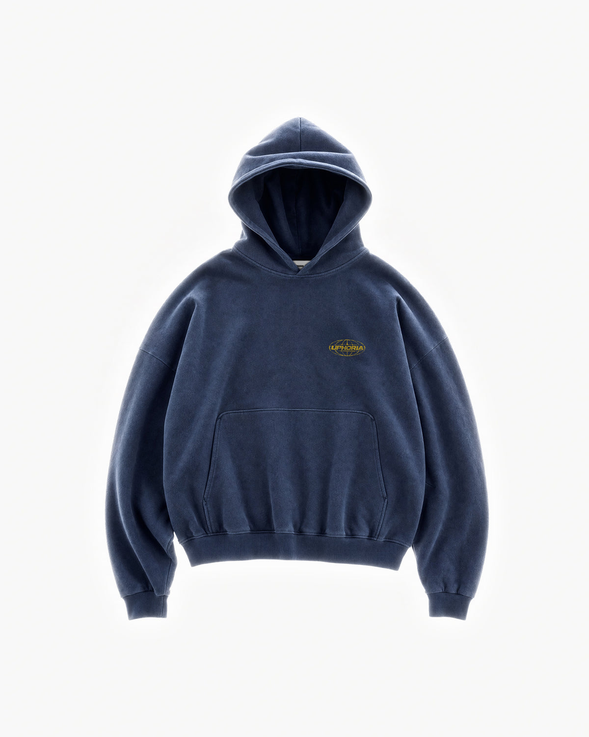 Globe Hoodie in Navy – flat lay, front view